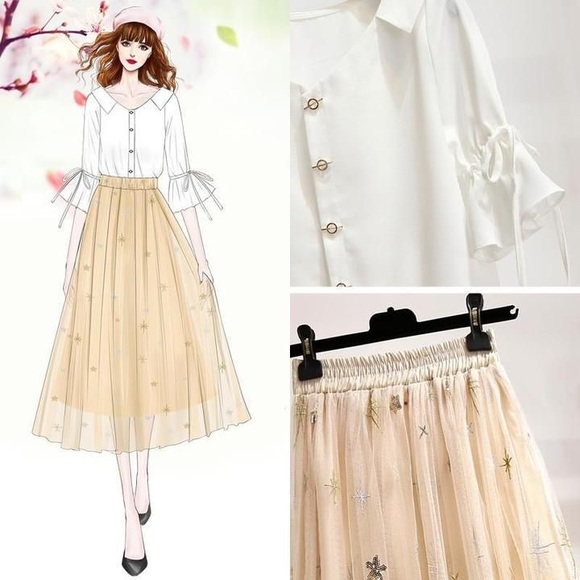 V-Neck Button Shirt + Sequin Tulle Skirt Set - Picture 3 of 7